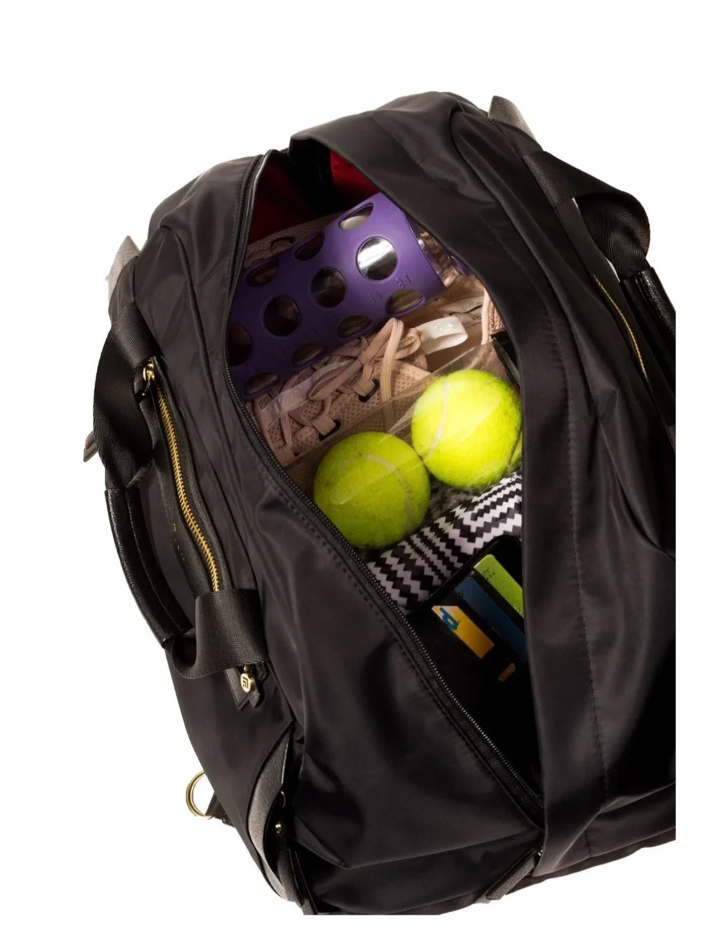 Allancia Peyton black nylon backpack featuring striking gold-tone hardware. NEW